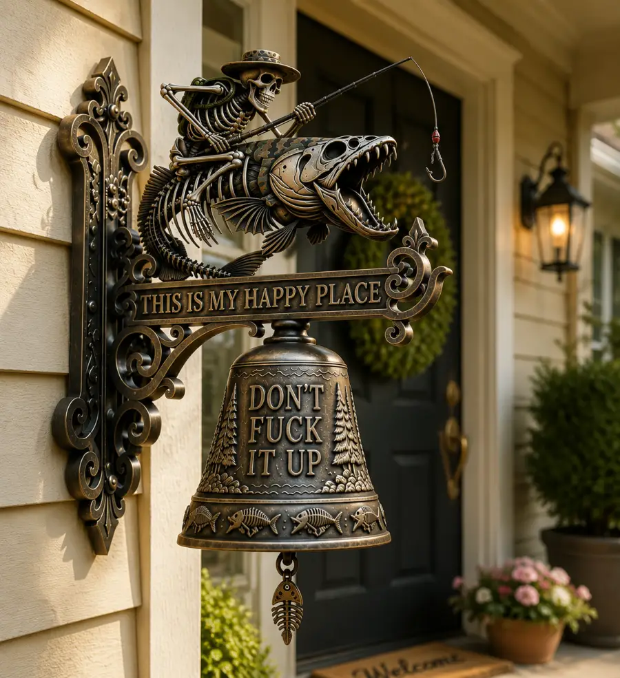 Skeleton Fisherman Wall Bell This Is My Happy Place Funny Decor